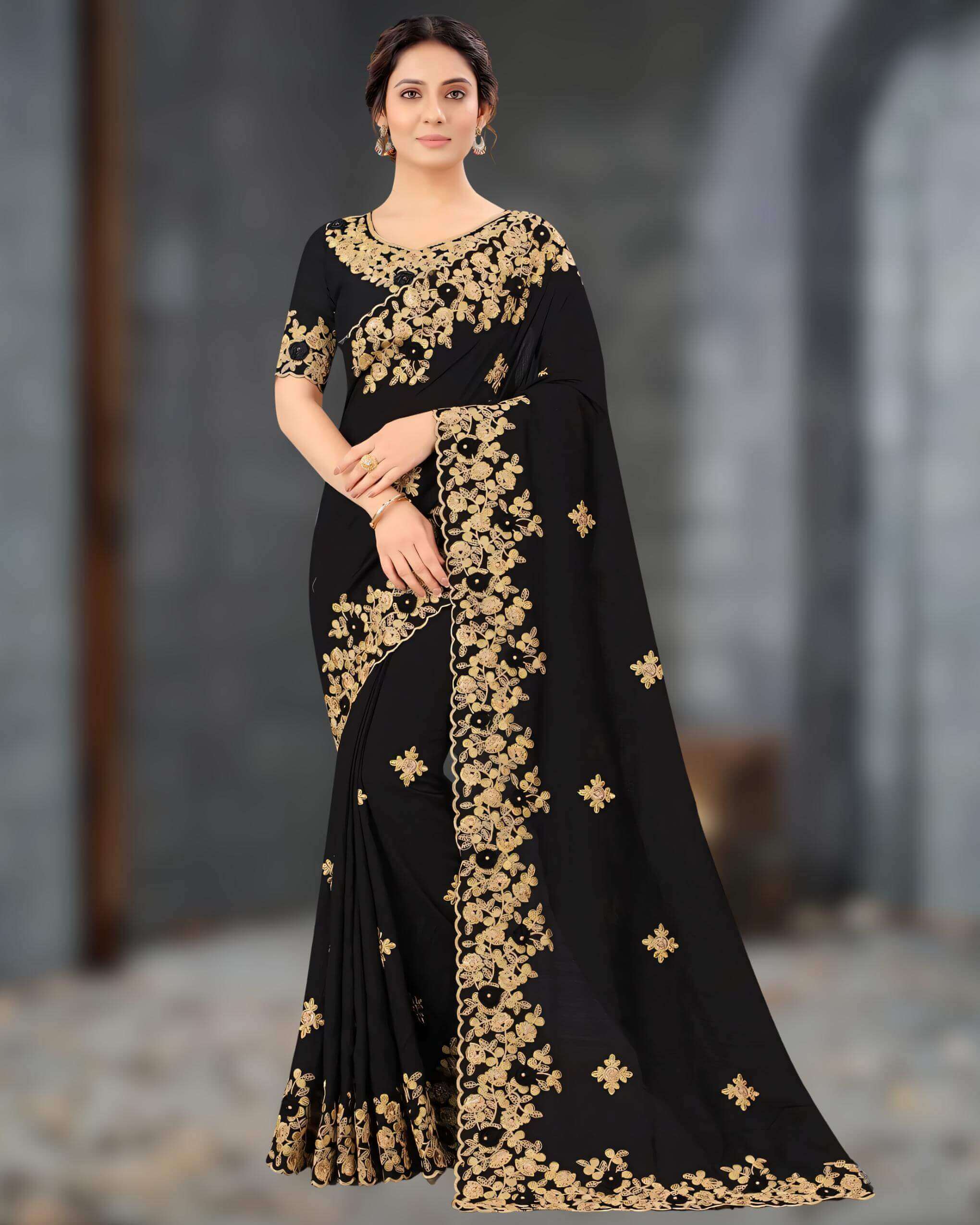 black-color-exclusive-weightless-georgette-and-embroidered-saree