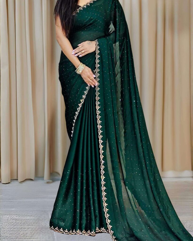 bottle-green-color-traditional-contrast-work-georgette-party-saree