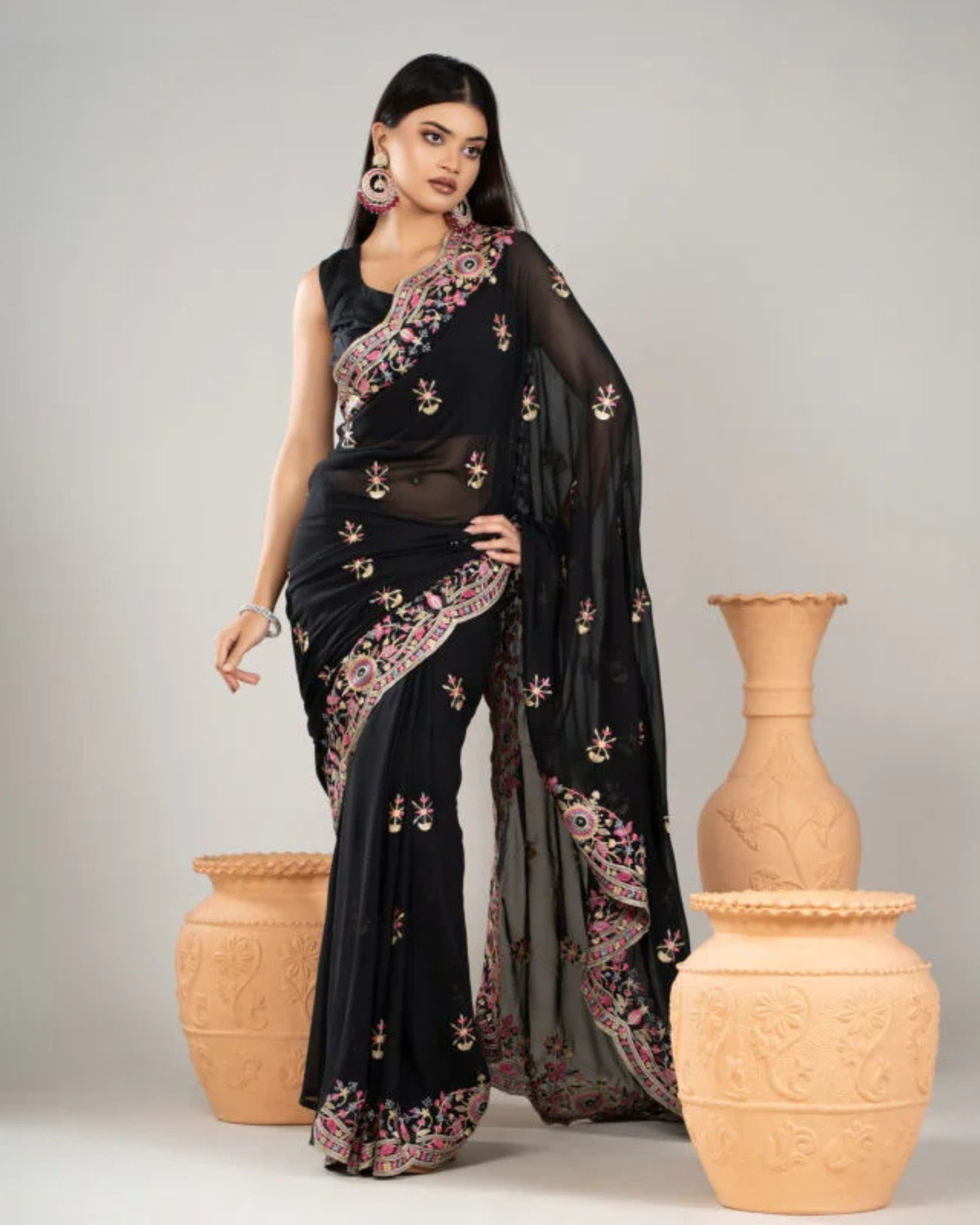 Black Color Exclusive embroidered party saree made of soft georgette fabric সফট জর্জেট ফেব্রিকের এক্সক্লুসিভ এমব্রয়ডারি পার্টি শাড়ি - Image 1