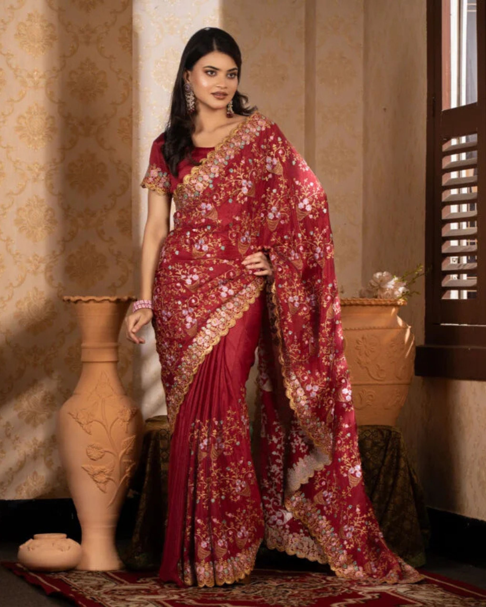 Exclusive embroidered party saree made of soft Chinigura silk fabrics সফট চিনিগুড়া সিল্ক ফেব্রিক্সের এক্সক্লুসিভ এমব্রয়ডারি পার্টি শাড়ি - Image 1