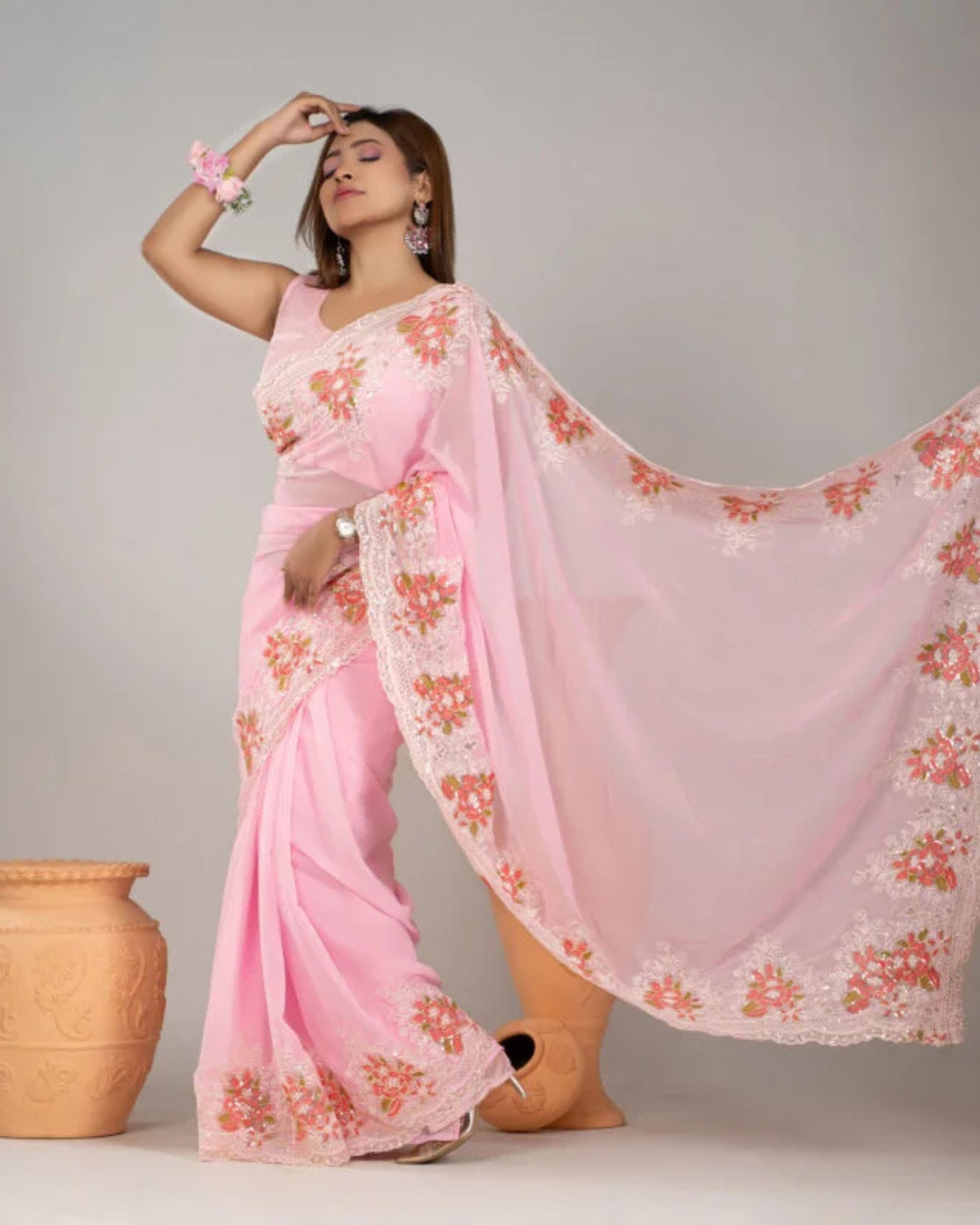 pink color Exclusive embroidered party saree made of soft georgette fabric সফট জর্জেট ফেব্রিকের এক্সক্লুসিভ এমব্রয়ডারি পার্টি শাড়ি - Image 1