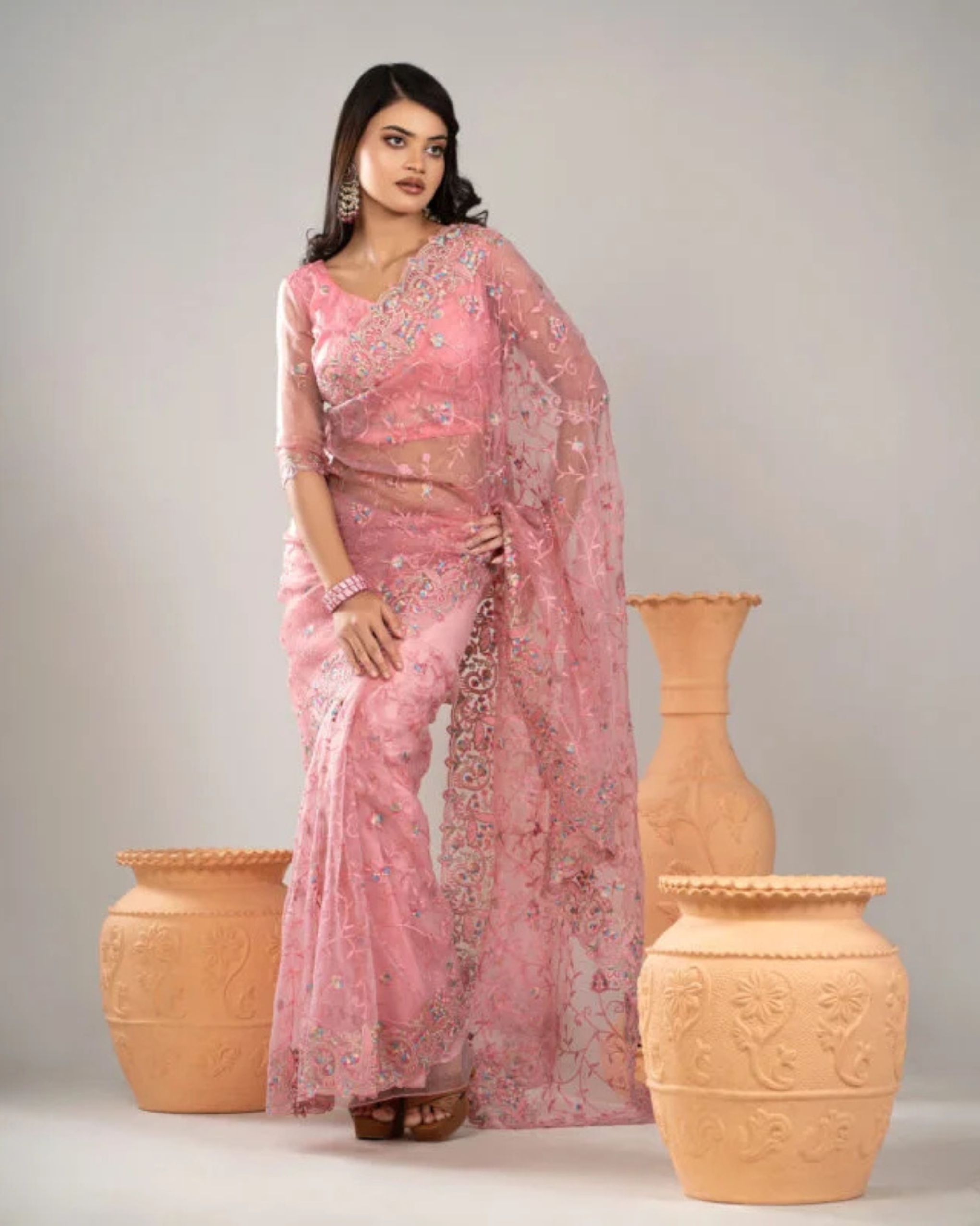pink color-premium-indian-weightless-soft-organza-saree-with-blouse-piece প্রিমিয়াম ইন্ডিয়ান ওয়েটলেস সফট অরগাঞ্জা শাড়ি ব্লাউজ পিস সহ - Image 1