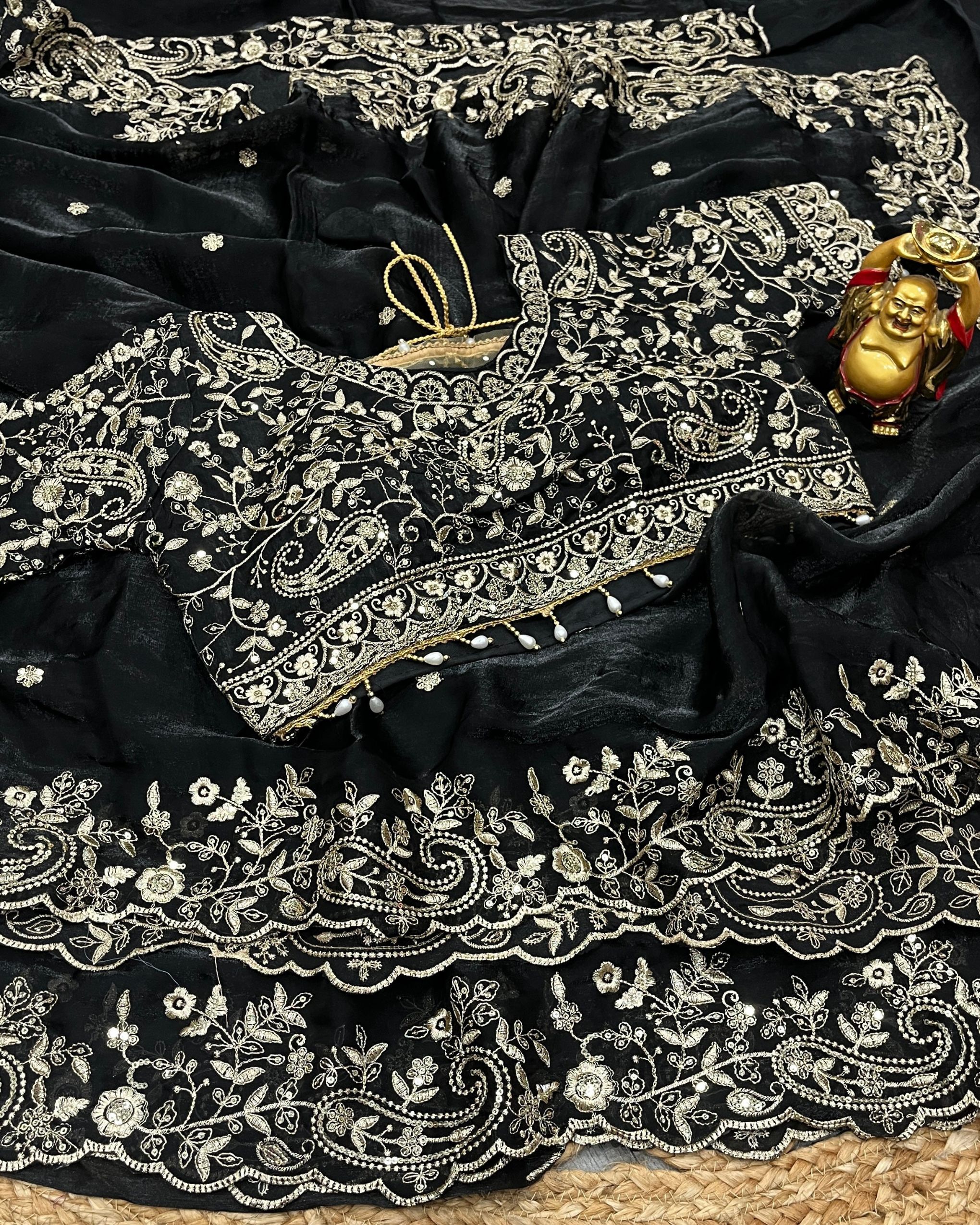black-color-original-indian-jimmy-choo-silk-party-saree-ready-with-blouse অরিজিনাল ইন্ডিয়ান জিমি চু সিল্ক পার্টি শাড়ি - রেডি ব্লাউজ সহ - Image 1